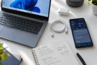 A top-down view of a silver Windows laptop and dark Android smartphone positioned on a white desk, connected by a white USB cable, with soft natural lighting highlighting various connection methods between the devices.