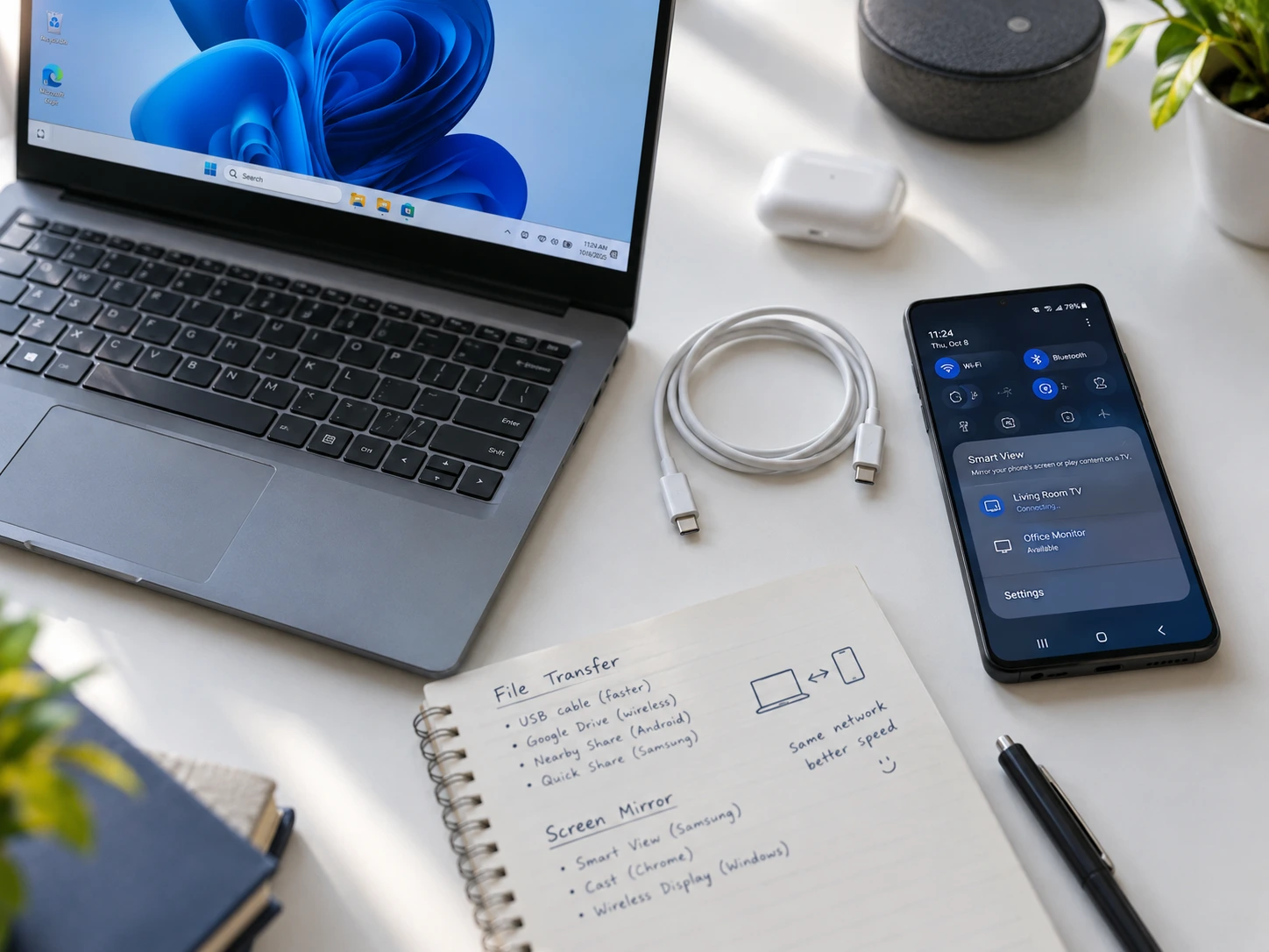 A top-down view of a silver Windows laptop and dark Android smartphone positioned on a white desk, connected by a white USB cable, with soft natural lighting highlighting various connection methods between the devices.